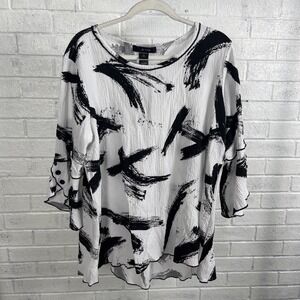 Ali Miles Black White Abstract Brushstroke Top Womens Size L Artsy Lagenlook